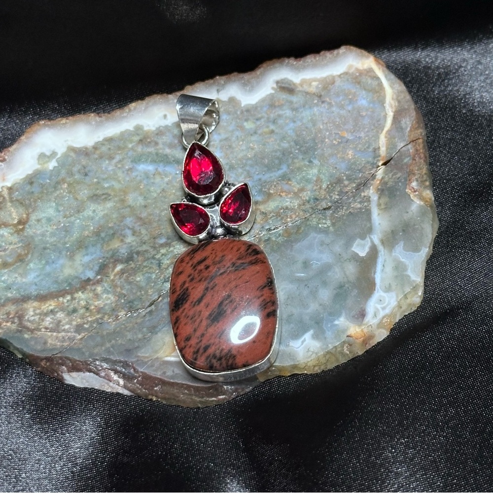 Artisan Handcrafted Jewelry Mahogany Obsidian Pendant Corundum Accent Stones